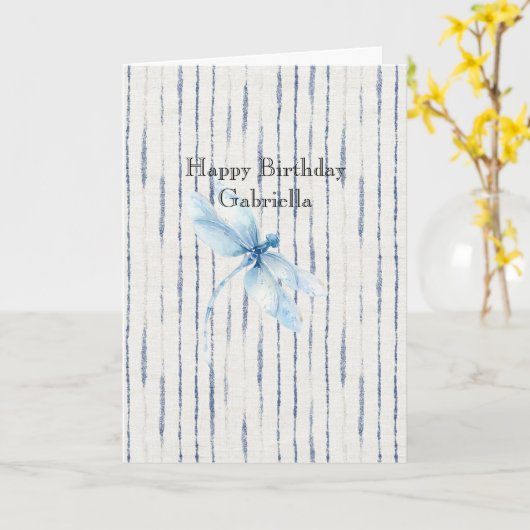 Blue White Stripes Dragonfly Believe カード (黄色い花)