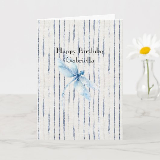 Blue White Stripes Dragonfly Believe カード (小さな植物)