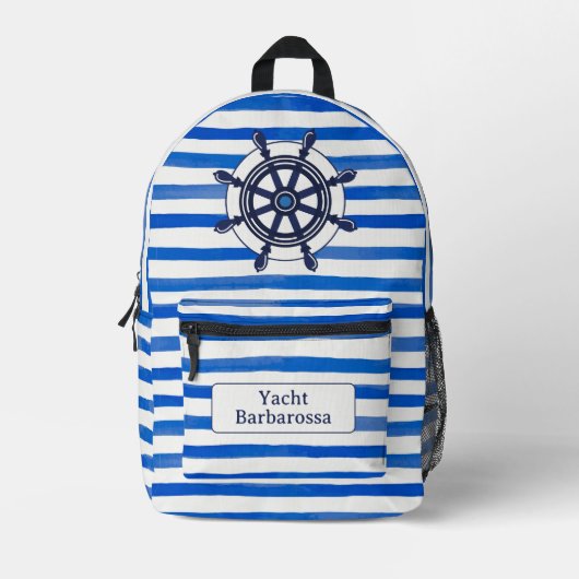 Blue White Stripes, Helm, Boat Name プリントバックパック (正面)