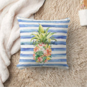 Blue White Stripes Tropical Floral Pineapple クッション (ブランケット)