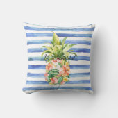 Blue White Stripes Tropical Floral Pineapple クッション (正面)