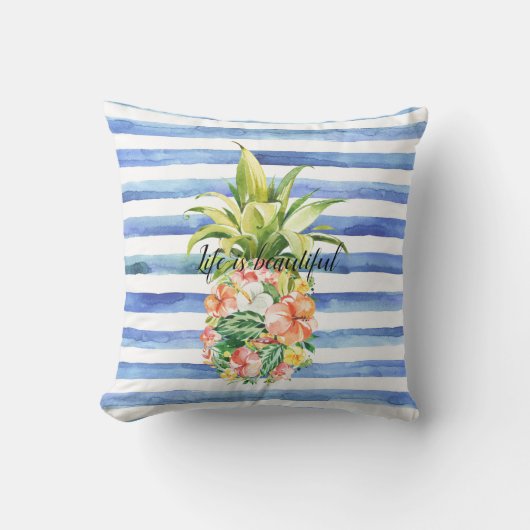Blue White Stripes Tropical Floral Pineapple クッション (正面)