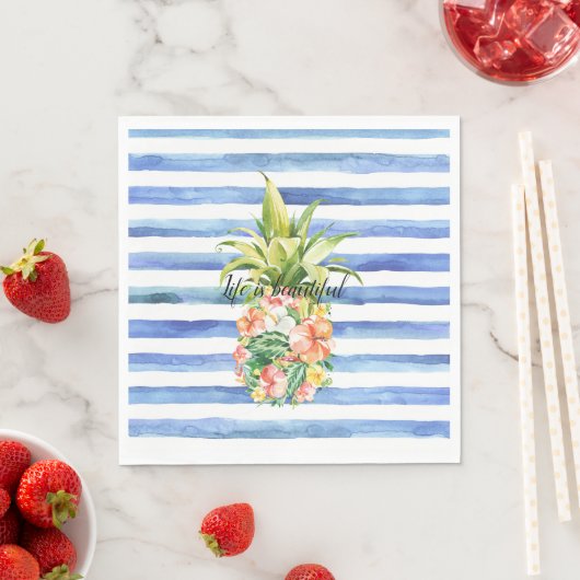 Blue White Stripes Tropical Floral Pineapple スタンダードランチョンナプキン (インサイチュ)