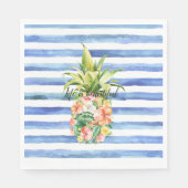 Blue White Stripes Tropical Floral Pineapple スタンダードランチョンナプキン (正面)