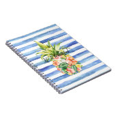 Blue White Stripes Tropical Floral Pineapple ノートブック (右側)