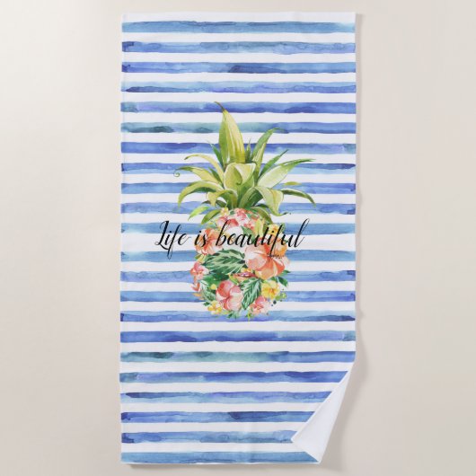 Blue White Stripes Tropical Floral Pineapple ビーチタオル (正面)