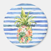 Blue White Stripes Tropical Floral Pineapple マグネット (正面)