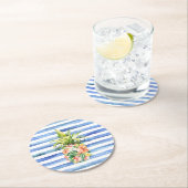 Blue White Stripes Tropical Floral Pineapple ラウンドペーパーコースター (インサイチュ)
