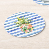 Blue White Stripes Tropical Floral Pineapple ラウンドペーパーコースター (アングル)