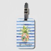 Blue White Stripes Tropical Floral Pineapple ラゲッジタグ (正面縦)