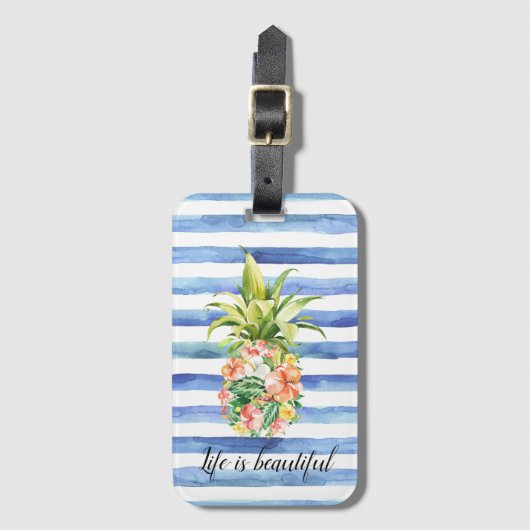 Blue White Stripes Tropical Floral Pineapple ラゲッジタグ (正面縦)
