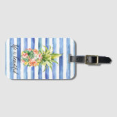 Blue White Stripes Tropical Floral Pineapple ラゲッジタグ (正面横)