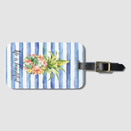 Blue White Stripes Tropical Floral Pineapple ラゲッジタグ (正面横)