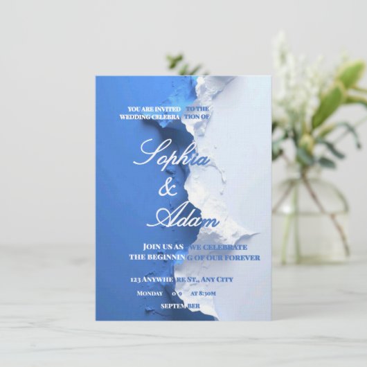 Blue & White Textured Art Wedding Invitation 招待状 (スタンド正面)