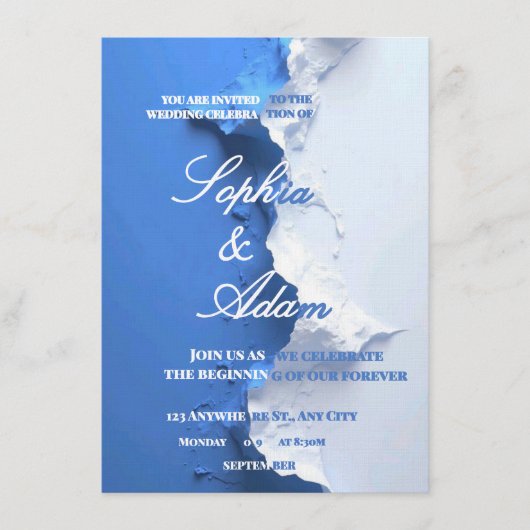 Blue & White Textured Art Wedding Invitation  招待状 (正面)