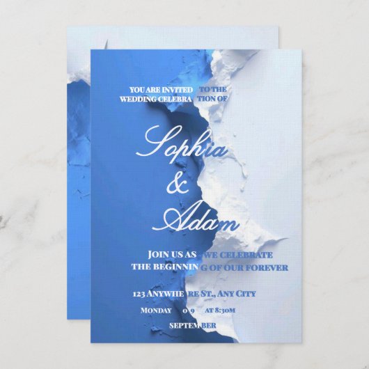 Blue & White Textured Art Wedding Invitation  招待状 (正面/裏面)