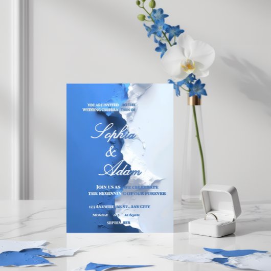 Blue & White Textured Art Wedding Invitation 箔招待状