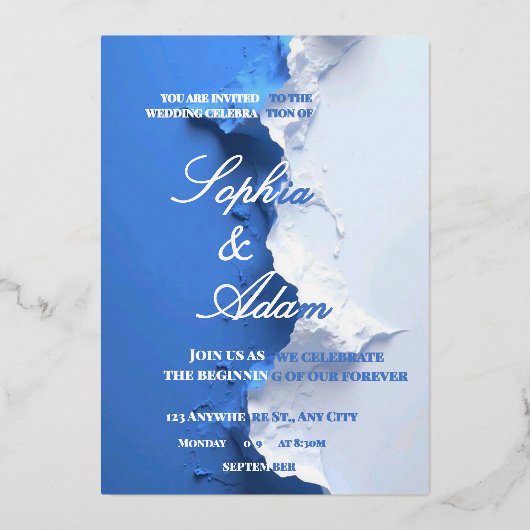 Blue & White Textured Art Wedding Invitation  箔招待状 (正面)