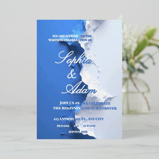 Blue & White Textured Art Wedding Invitation  箔招待状 (立ち正面)