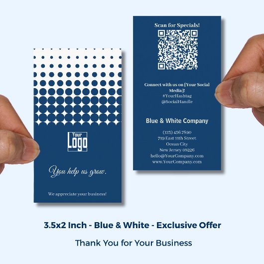 Blue White Thank You, QR Access to Special Offer 名刺