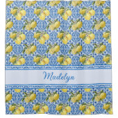 Blue White Tile Lemon Mediterranean Pattern Name シャワーカーテン (正面)