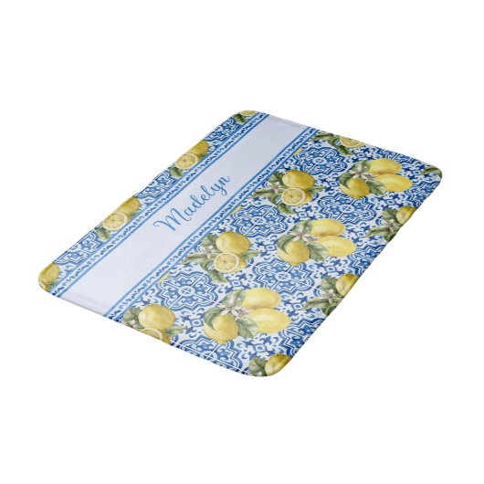 Blue White Tile Lemon Mediterranean Pattern Name バスマット (アングル)