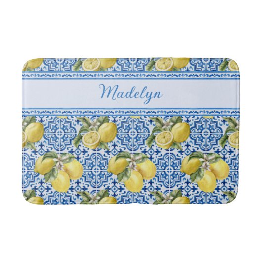 Blue White Tile Lemon Mediterranean Pattern Name バスマット (正面)