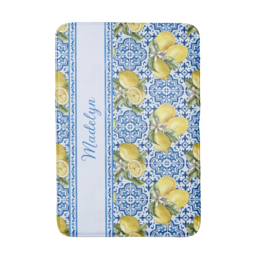 Blue White Tile Lemon Mediterranean Pattern Name バスマット (正面縦)