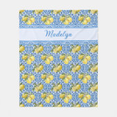 Blue White Tile Lemon Mediterranean Pattern Name フリースブランケット (正面)