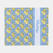 Blue White Tile Lemon Mediterranean Pattern Name フリースブランケット (正面(横))