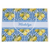 Blue White Tile Lemon Mediterranean Pattern Name ラージペーパーバッグ (正面)