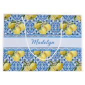 Blue White Tile Lemon Mediterranean Pattern Name ラージペーパーバッグ (裏面)