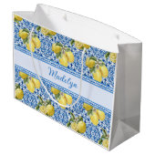 Blue White Tile Lemon Mediterranean Pattern Name ラージペーパーバッグ (裏面アングル)