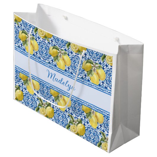 Blue White Tile Lemon Mediterranean Pattern Name ラージペーパーバッグ (正面アングル)