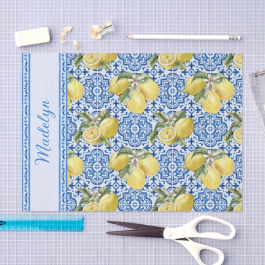 Blue White Tile Lemon Mediterranean Pattern Name 薄葉紙 (クラフト)