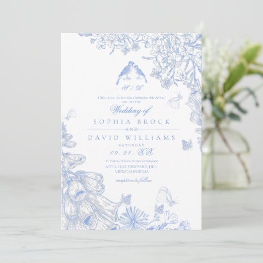 Blue White Toile French Floral Photo Wedding  招待状 (スタンド正面)