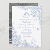 Blue White Toile French Floral Photo Wedding  招待状 (正面/裏面)