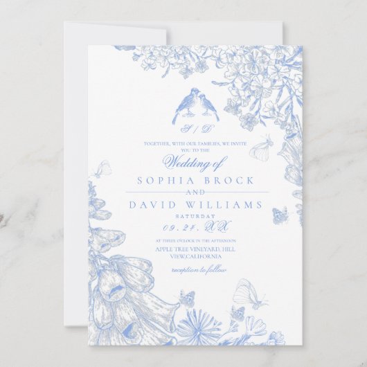 Blue White Toile French Floral Wedding  招待状 (正面)