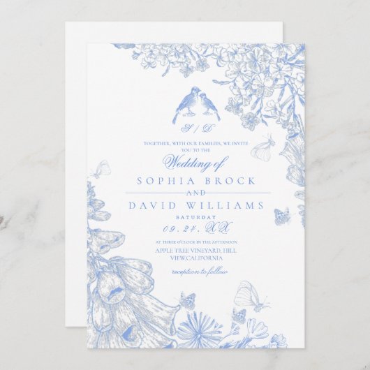 Blue White Toile French Floral Wedding  招待状 (正面/裏面)