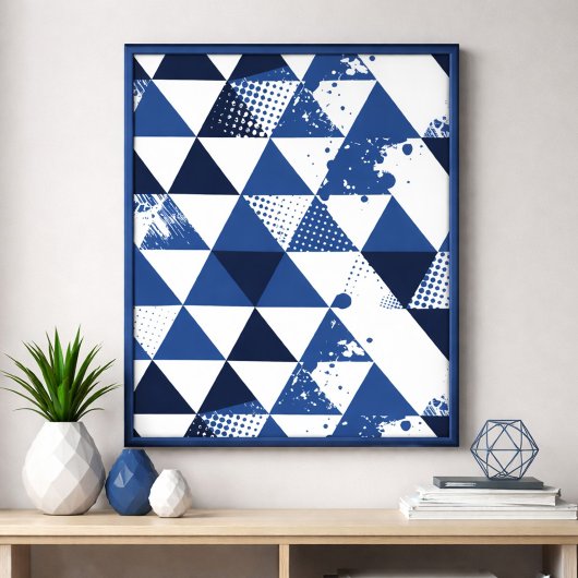 Blue & White Triangular Design with Paint Splashes ポスター