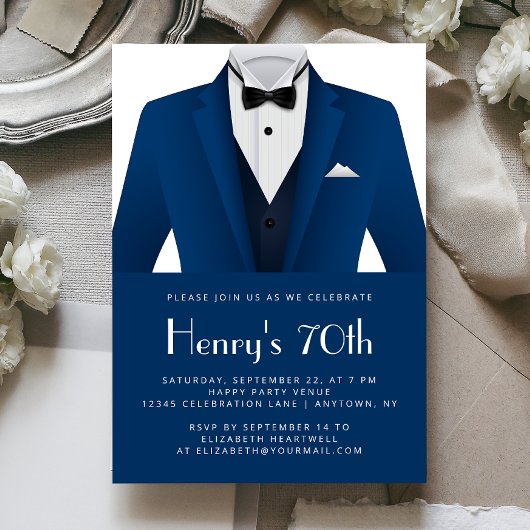 Blue White Tuxedo Mens 70th Birthday Party 招待状