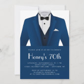 Blue White Tuxedo Mens 70th Birthday Party 招待状 (正面)
