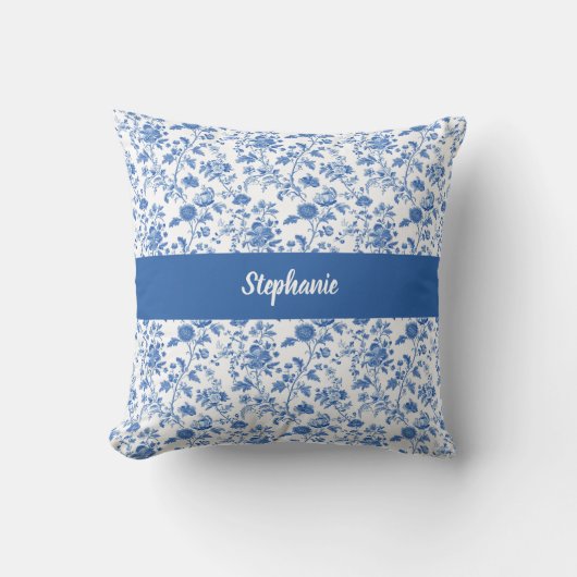 Blue White Vintage Floral Personalized Name クッション (正面)