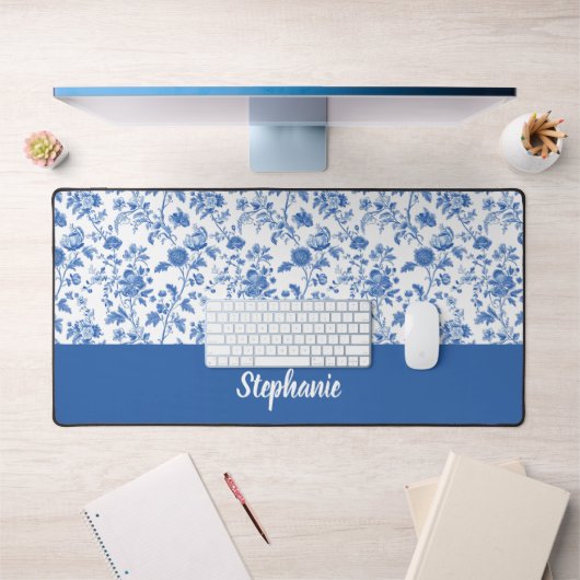 Blue White Vintage Floral Personalized Name デスクマット (オフィス1)