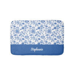 Blue White Vintage Floral Personalized Name バスマット
