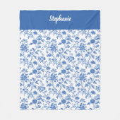 Blue White Vintage Floral Personalized Name フリースブランケット (正面)