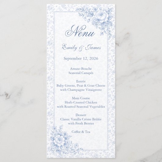 Blue & White Vintage Floral Wedding menu メニュー (正面)