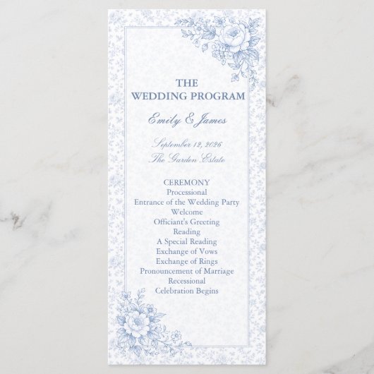 Blue & White Vintage Floral Wedding program プログラム (正面)