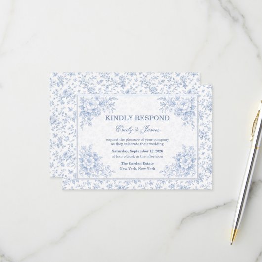 Blue & White Vintage Floral Wedding RSVP (正面/裏面インサイチュ)