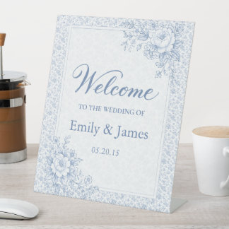 Blue & White Vintage Floral Wedding Welcome Sign  台座サイン